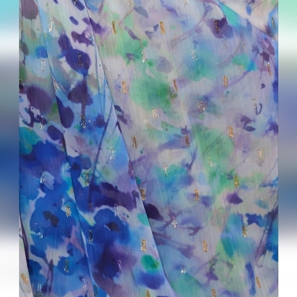 NWT Adrianna Papell Abstract Floral Metallic Chiffon Blue High-Low Dress Size 10 - Picture 3 of 16